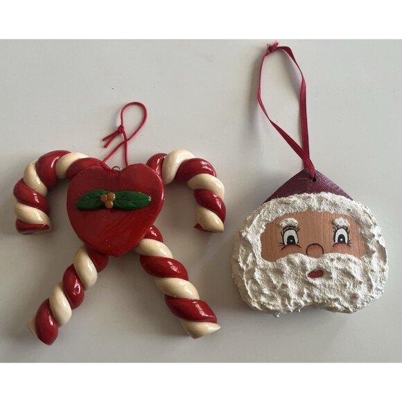 no brand Other - Vintage set of 2 Christmas Ornaments Wooden Handmade Santa & Candy Cane w Heart